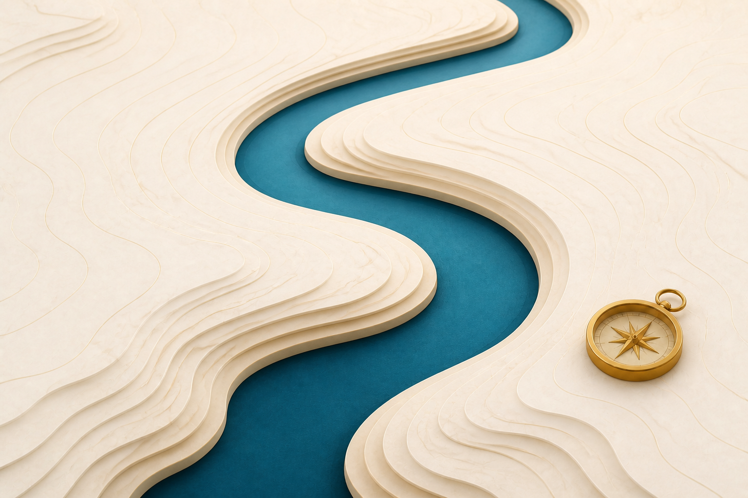 Companion illustration of an S-shaped blue river through parchment contours beside a brass compass