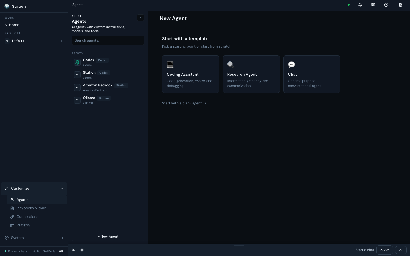 Real Station application capture showing the agent editor with coding, research, and chat templates